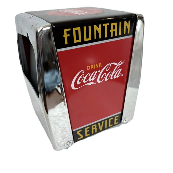 COCA-COLA "Fountain Service" Red Blk Metal & Chrome Napkin Dispenser VTG  90's - Picture 2 of 6